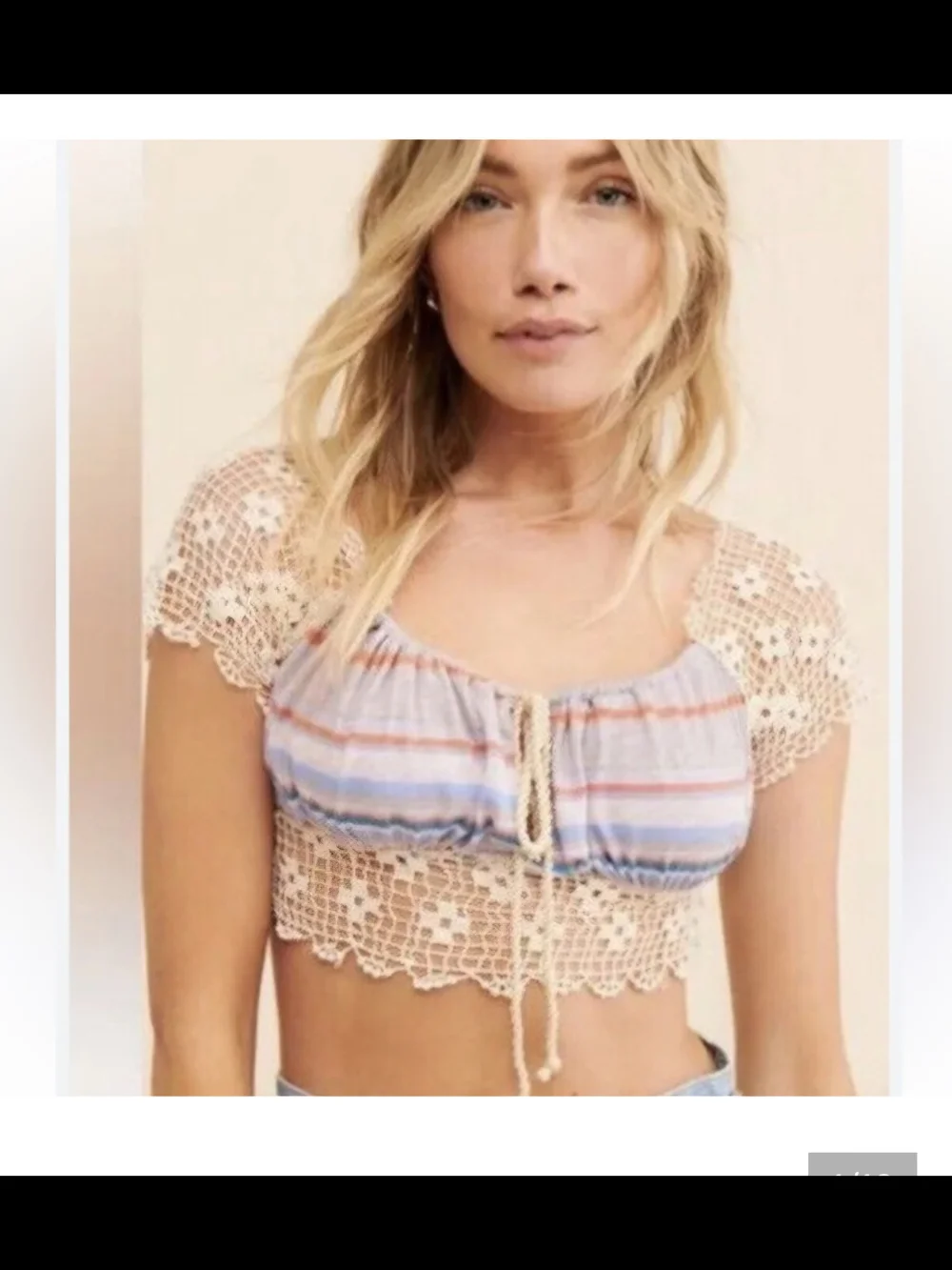 Free People Crochet-Trim Striped Crop Top - Cream and Pastel